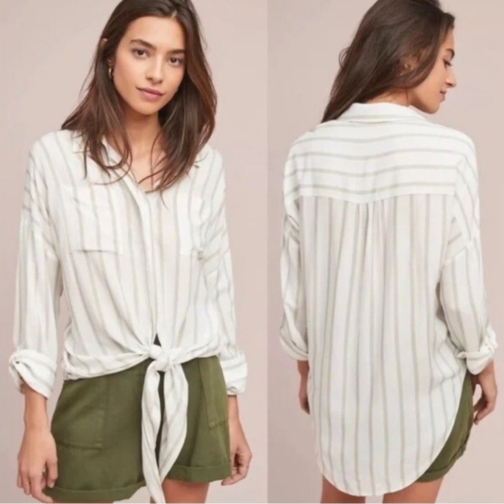Maeve Anthropologie Oversized White & Beige Stripe Front Tie Shirt in Women’s XS